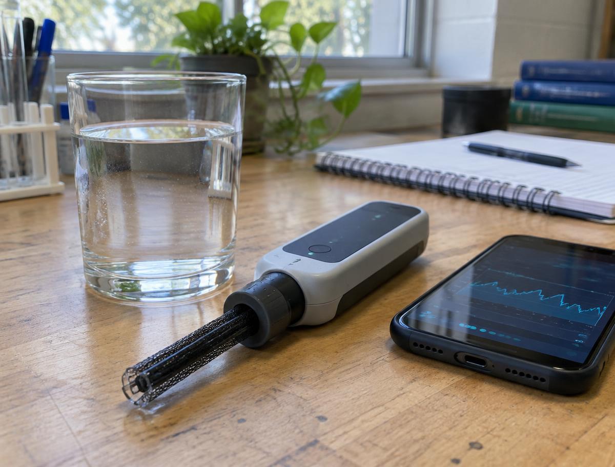 A water-testing device beside a glass of tap water, inspired by Gitanjali Rao's invention Tethys