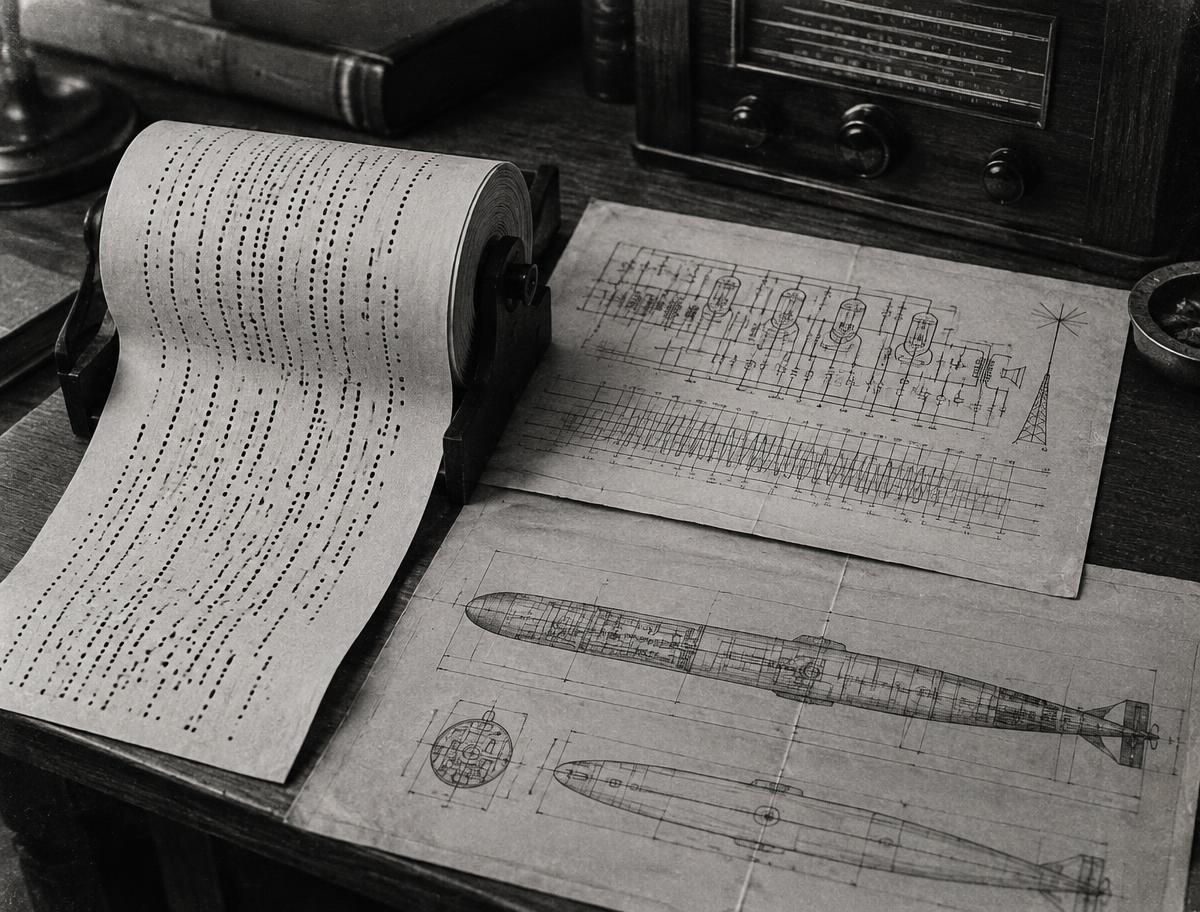 A player-piano roll and radio schematics, recalling Hedy Lamarr's frequency-hopping patent