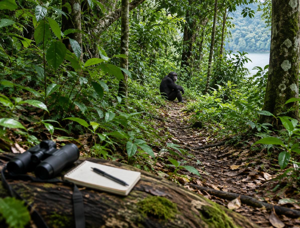 A chimpanzee on a forest path in Gombe, Tanzania, where Jane Goodall did her research