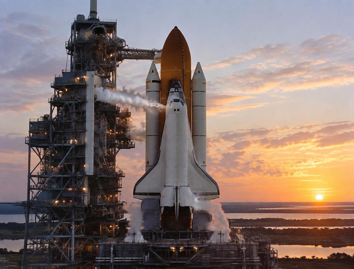 A Space Shuttle on the launch pad at dawn, the kind Kalpana Chawla flew on