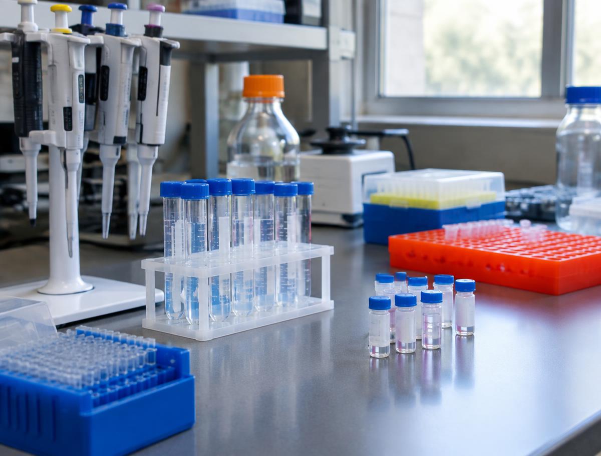 A lab bench with pipettes and sample vials, the kind of work behind Katalin Karikó's mRNA research