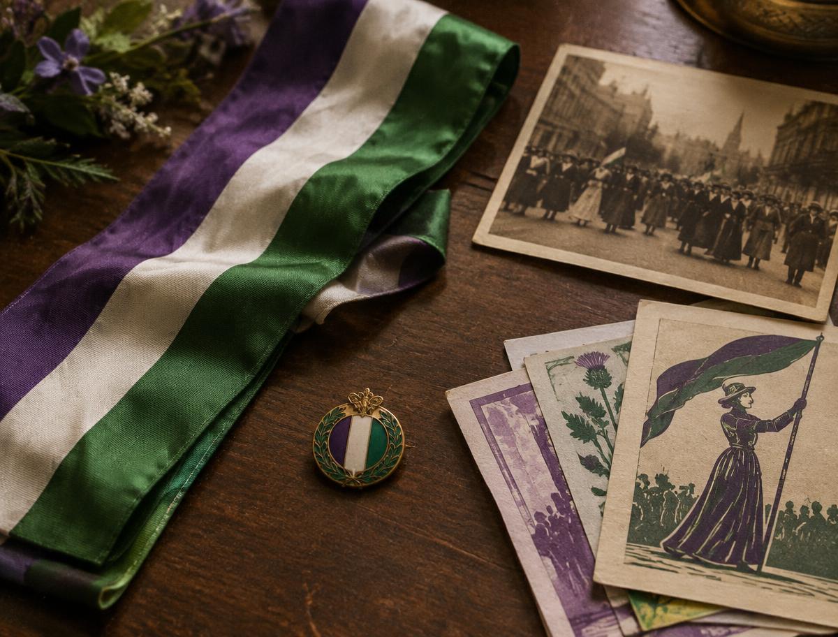 A purple, white and green suffragette sash and badge, the cause Sophia Duleep Singh championed