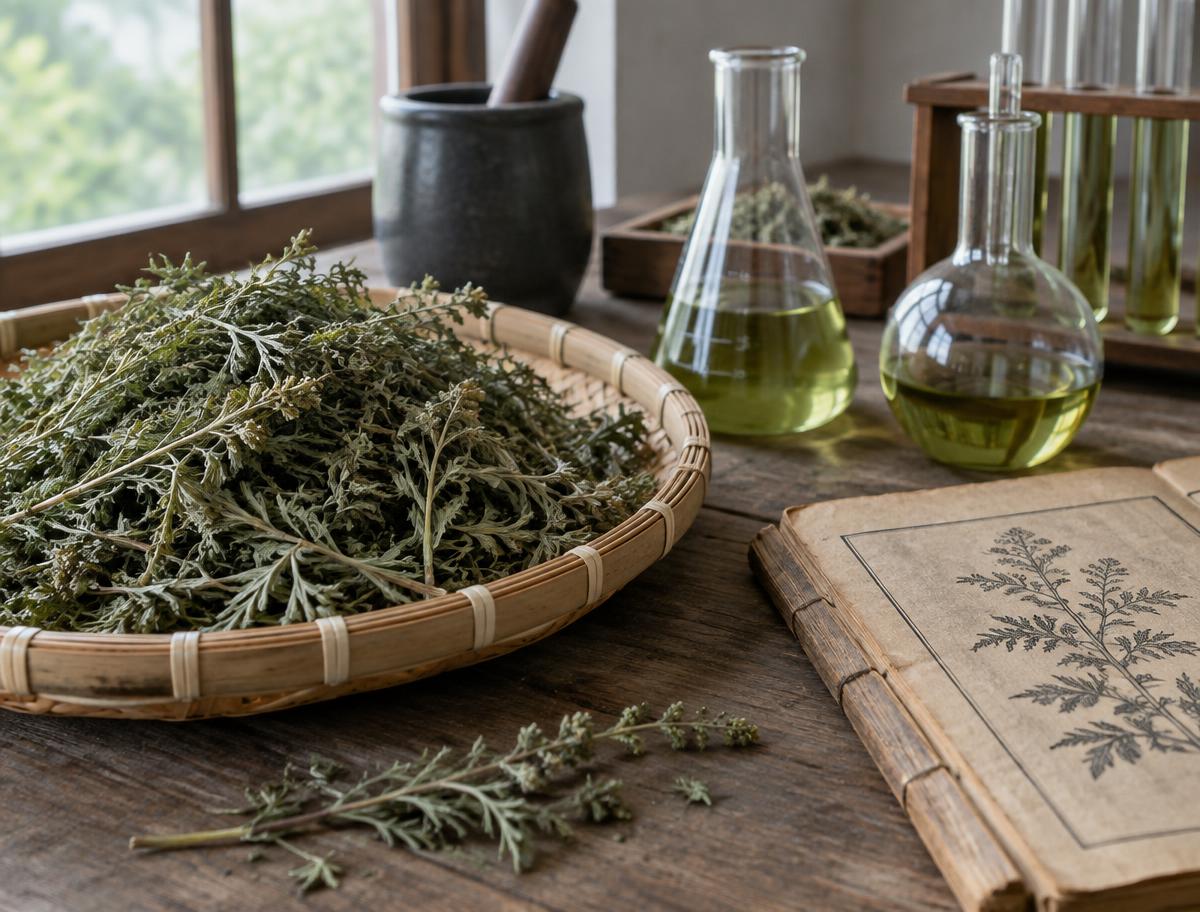 Dried sweet wormwood beside lab glassware, the plant Tu Youyou turned into a malaria cure